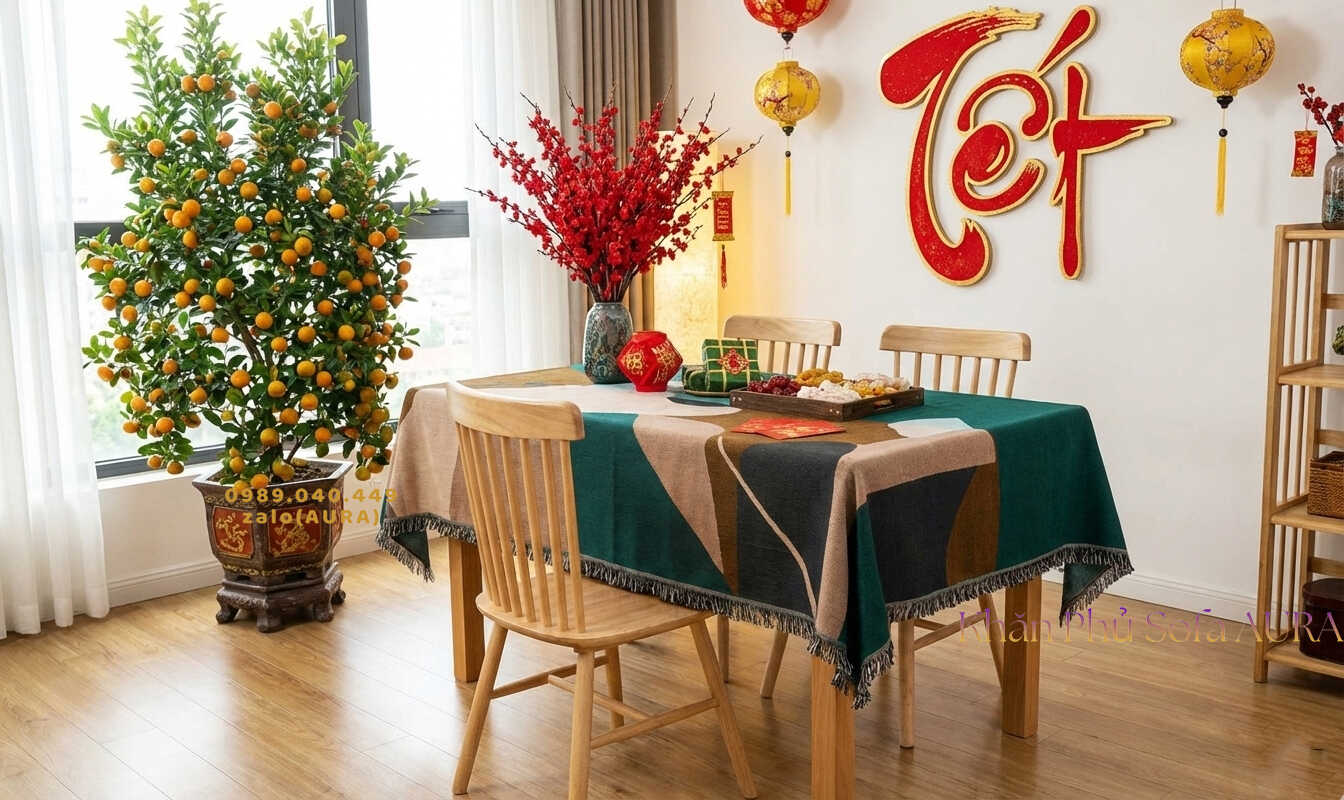 Khăn Trải Bàn Hoa Văn Xanh